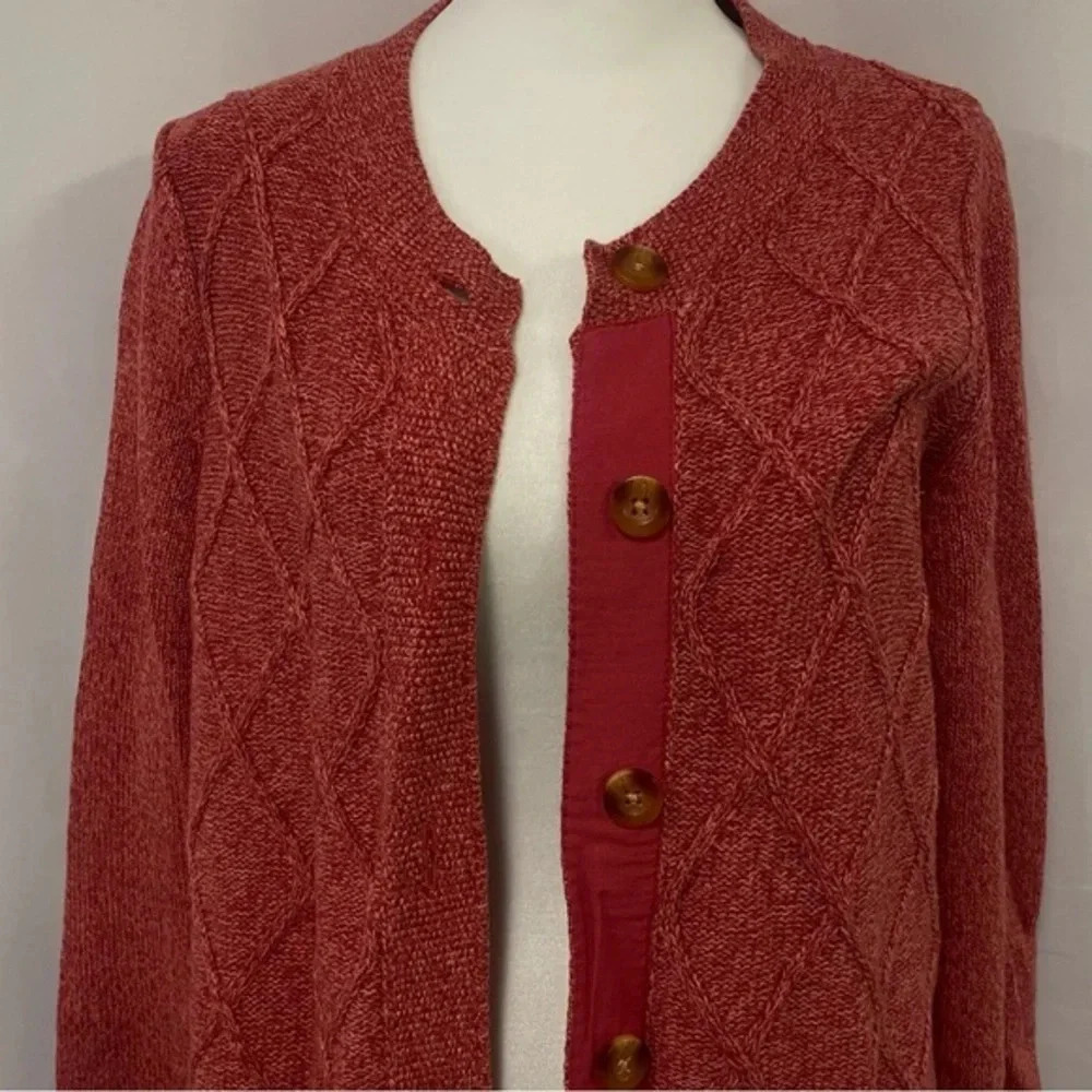 L.L Bean Cotton Cable-knit Button Cardigan Sweater Coral Medium - Picture 2 of 9